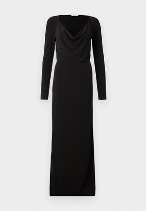 Černé dlouhé šaty s volným lněným výstřihem, přiléhavým siluetu a hladkou texturou, sahající až k kotníkům.