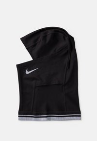 Gaiter atlético preto feito de tecido elástico, com um logo prateado da Nike e uma bainha cinza-listrada na parte inferior.
