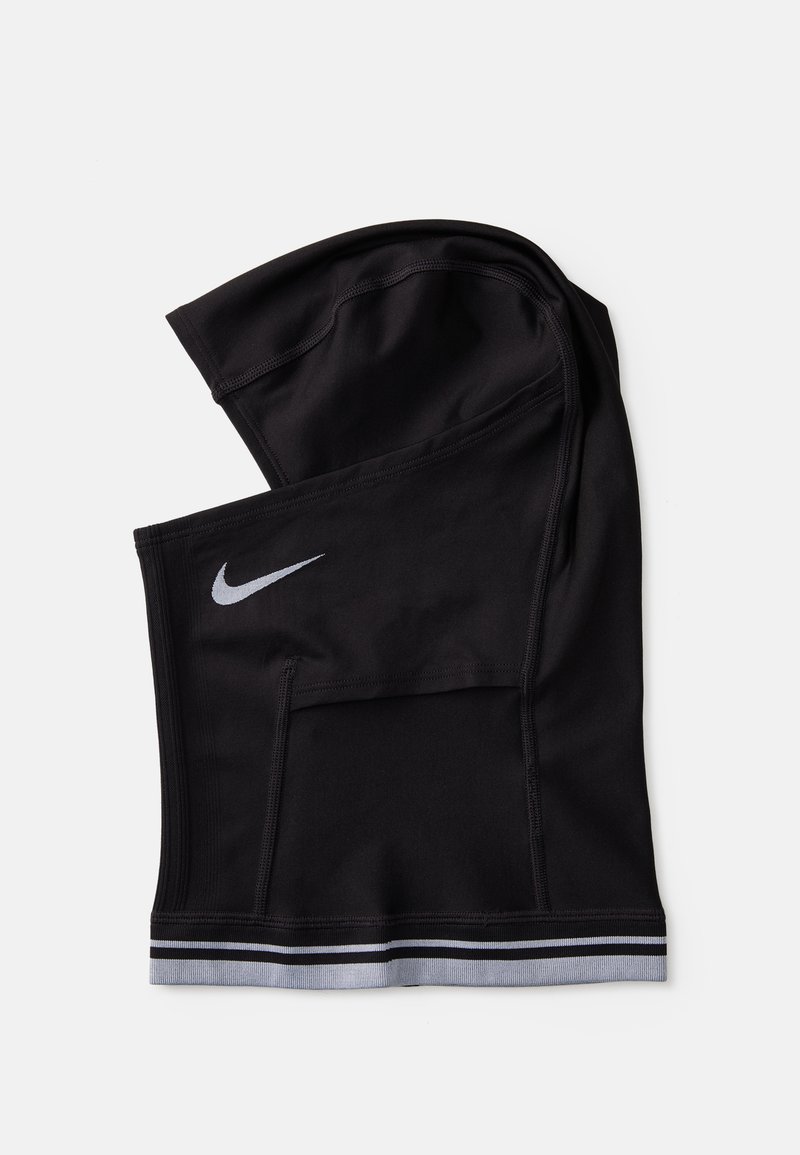 Gaiter atlético preto feito de tecido elástico, com um logo prateado da Nike e uma bainha cinza-listrada na parte inferior.