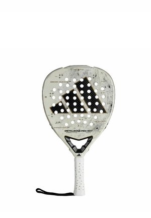 Padel racket featuring a white and black design with round grip holes. The handle is textured with a wrist strap, branded with "METALBONE PRO-EDT."