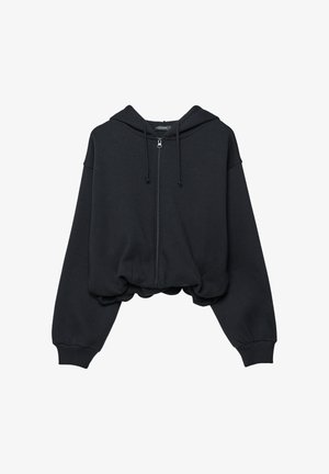 Schwarzer, kurz geschnittener Hoodie aus weichem Stoff, mit einem Reißverschluss vorne, einer Kapuze mit Kordelzug und gerippten Bündchen sowie einem gesmokten unteren Saum.