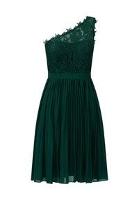 En axelbandslös klänning med en spetsöverdel i mörkgrön, med blommönster och en veckad kjol, tillverkad av lättviktsmaterial.