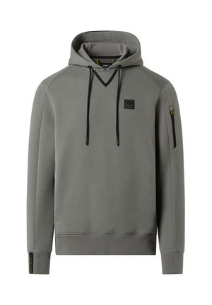 Felpa grigia con design a V, accenti neri a contrasto, cordini regolabili e tasca con zip sul maniche sinistro.