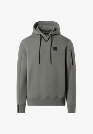 Felpa grigia con design a V, accenti neri a contrasto, cordini regolabili e tasca con zip sul maniche sinistro.