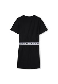 Μαύρο φόρεμα μπλουζάκι με κοντά μανίκια, ελαστική μέση με αντίθετη ταινία λογότυπου και στρογγυλή λαιμόκοψη. Μαλακό βαμβακερό ύφασμα.