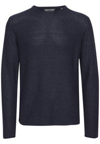 Marineblauer Langarmpullover aus strukturierter Strickware. Verfügt über einen runden Halsauschnitt und einen leicht lockeren Schnitt. Der Saum ist gerade.