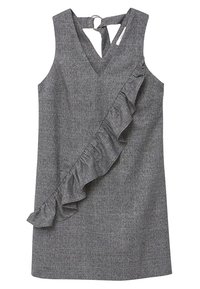 Graues Kleid mit kariertem Muster, tiefem V-Ausschnitt und einem gerafften linken Saum. Mit einem Schlüsselloch-Rückendesign und ärmellos geschnitten.