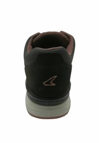 Black suede athletic shoe with a textured grey collar, pink accents, and a cushioned grey sole. Features a logo on the heel.