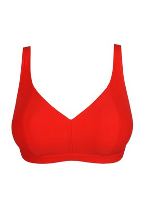 Roter Stoff-BH mit glatter Textur, ausgestattet mit breiten Trägern und V-Ausschnitt. Kein Bügel oder Polsterung sichtbar. Einfacher und nahtloser Stil.
