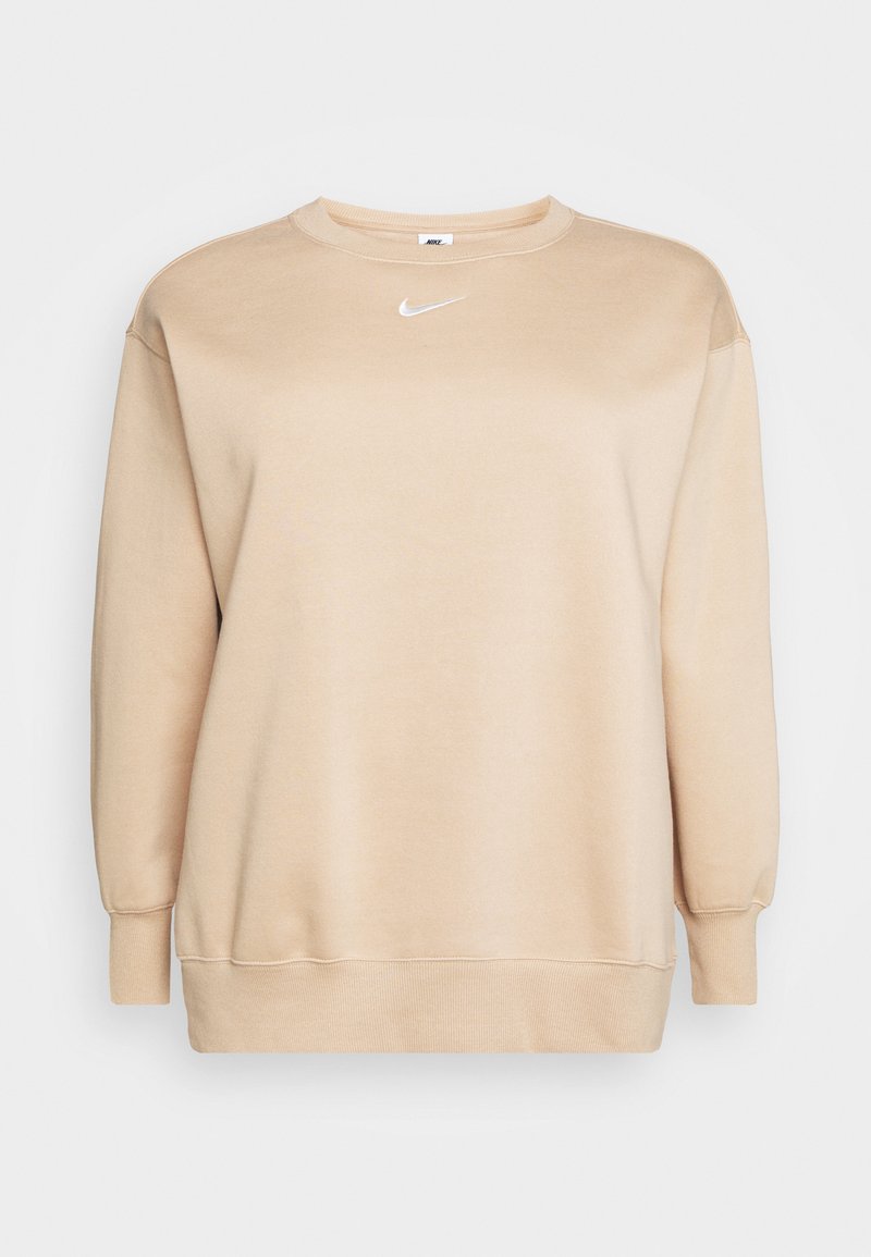 Sweatshirt beige Nike avec manches longues, col ras du cou, poignets et ourlet côtelés, et un petit logo swoosh blanc Nike centré sur la poitrine.