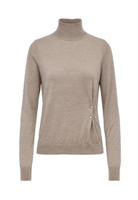 Maglione beige a collo alto realizzato in morbido tessuto a maglia. Presenta maniche lunghe, polsini a coste e perle decorative ai lati. Texture liscia.