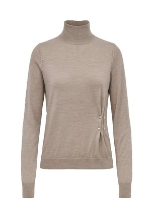 Maglione beige a collo alto realizzato in morbido tessuto a maglia. Presenta maniche lunghe, polsini a coste e perle decorative ai lati. Texture liscia.