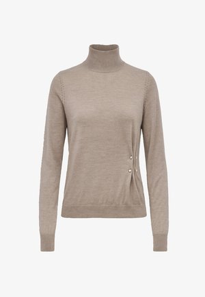 Maglione beige a collo alto realizzato in morbido tessuto a maglia. Presenta maniche lunghe, polsini a coste e perle decorative ai lati. Texture liscia.