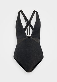 Μαύρο ολόσωμο μπικίνι με γυαλιστερή υφή, διαθέτοντας βαθύ ντεκολτέ, διασταυρούμενους ιμάντες στην πλάτη και μεταλλική λεπτομέρεια στη μέση.