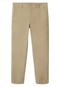 Pantalon beige coupe droite avec passants de ceinture, fermeture à bouton, poches avant et ourlets cousus.