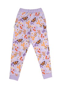 Lila Baumwollhose mit einem Blumenmuster und orangefarbenen Schmetterlingen, elastischem Bund und gerippten Bündchen.