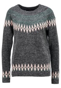Suéter de punto hecho de lana gris oscuro, con un escote redondeado y patrones geométricos en rosa y verde azulado a lo largo del canesú y el dobladillo.