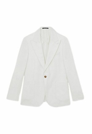 Weißer Ein-Knopf-Blazer mit Revers, zwei aufgesetzten Vordertaschen und einer Brustpaspeltasche, flach auf einem weißen Hintergrund präsentiert.