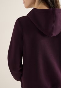 Burgunderfarbener Hoodie von hinten, mit einer Kordelzugkapuze und einer glatten Textur. Die Ärmel sind enganliegend, und das Design ist einfach.