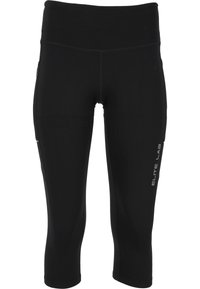 Leggings capri noirs en tissu extensible, avec une large ceinture, des poches latérales, et le texte "ELITE LAB" en blanc sur la cuisse.