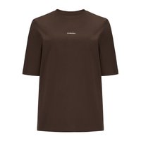Ruda trumpa rankovė t-shirt su apvaliu kaklu ir balta užrašu "LAMANIA" ant priekinės dalies. Pagaminta iš lygaus audinio.