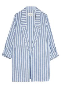 Modrý a bílý pruhovaný blejzr z lehké látky, s volným střihem, výstřihem s výkrojem a ohrnovacími rukávy s knoflíkovým detailem.