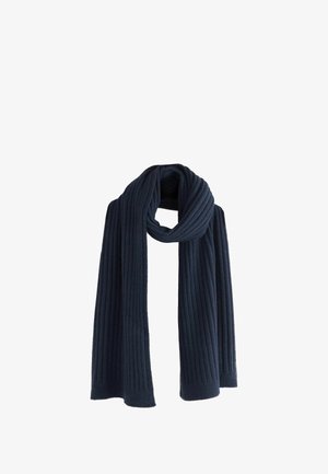 Écharpe tricotée bleu marine avec une texture côtelée, en tissu doux et de forme longue et rectangulaire, idéale pour s'enrouler.