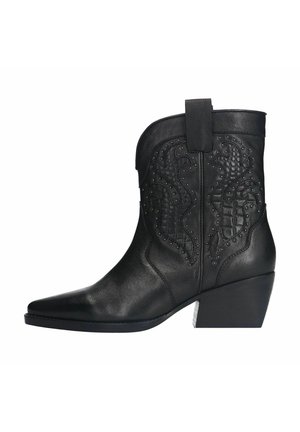 Black leather cowboy boots with pointed toe, intricate embossed patterns, studded details, and a mid-height block heel.
