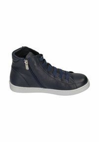 Marineblaue Leder-Hochschnitt-Sneaker mit weißer Gummisohle, Reißverschluss und strukturierten, gewebten Riemen an der Vorderseite für ein modernes Design.