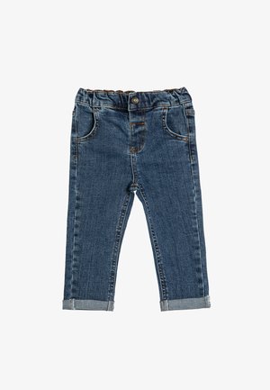 Denim jeans met een elastische tailleband, blauwe kleur, vijf zakken, opgerolde cuffs en zichtbare stikseldetails langs de naden.