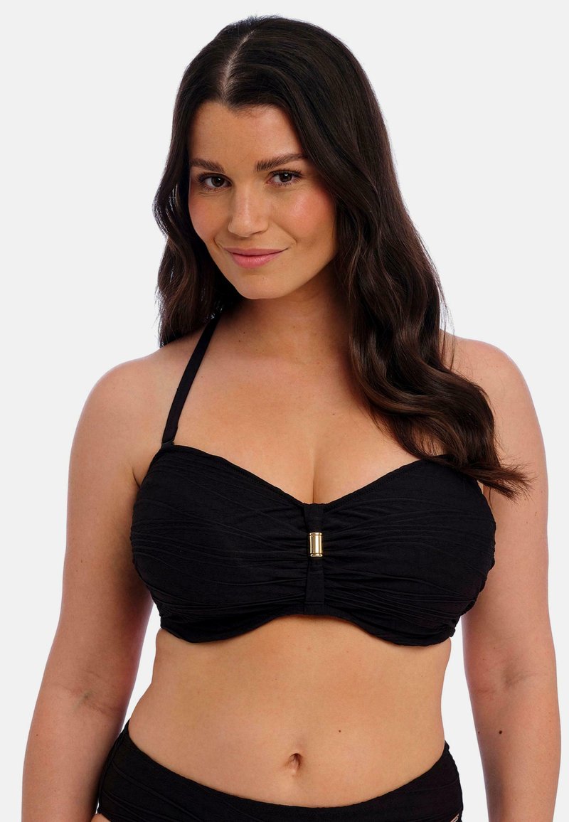 Černý bandeau bikini top s nařasenou strukturou, zlatým akcentem uprostřed a nastavovacími ramínky. Hladký materiál, přiléhavý střih, bez vycpávek.