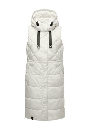 Vesta albă, căptușită, fără mâneci, cu glugă, prezentând un model în diamond cusut, accente negre și buzunare laterale pentru funcționalitate.
