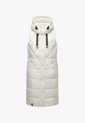 White padded sleeveless vest with a hood, featuring stitched diamond pattern, black accents, and side pockets for functionality.