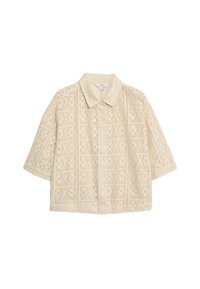 Beige Cropped-Shirt mit Kragen, ausgestattet mit einem strukturierten Musterdesign, kurzen Ärmeln und einer Knopfleiste vorne.