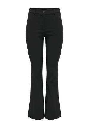Black flared trousers made of smooth fabric, featuring a front button closure and fitted waist, with wide openings at the hem.