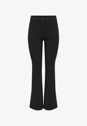 Black flared trousers made of smooth fabric, featuring a front button closure and fitted waist, with wide openings at the hem.