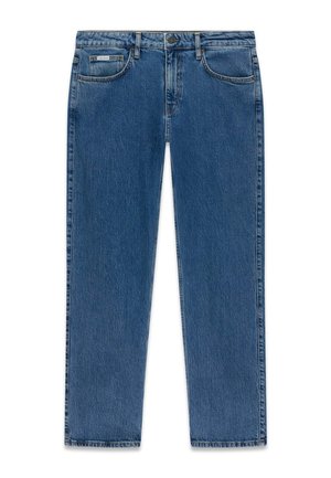 Niebieskie dżinsy o prostych nogawkach, z pięcioma kieszeniami, szlufkami na pasek oraz przednim zapinaniem na guzik i zamek.