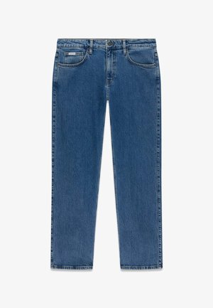 Blaues Denim-Jeans mit geradem Bein, fünf Taschen, Gürtelschlaufen sowie einem vorderen Knopf- und Reißverschluss.