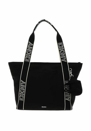 Sac cabas noir DKNY avec larges bretelles estampillées et petite pochette attachée sur le côté droit.