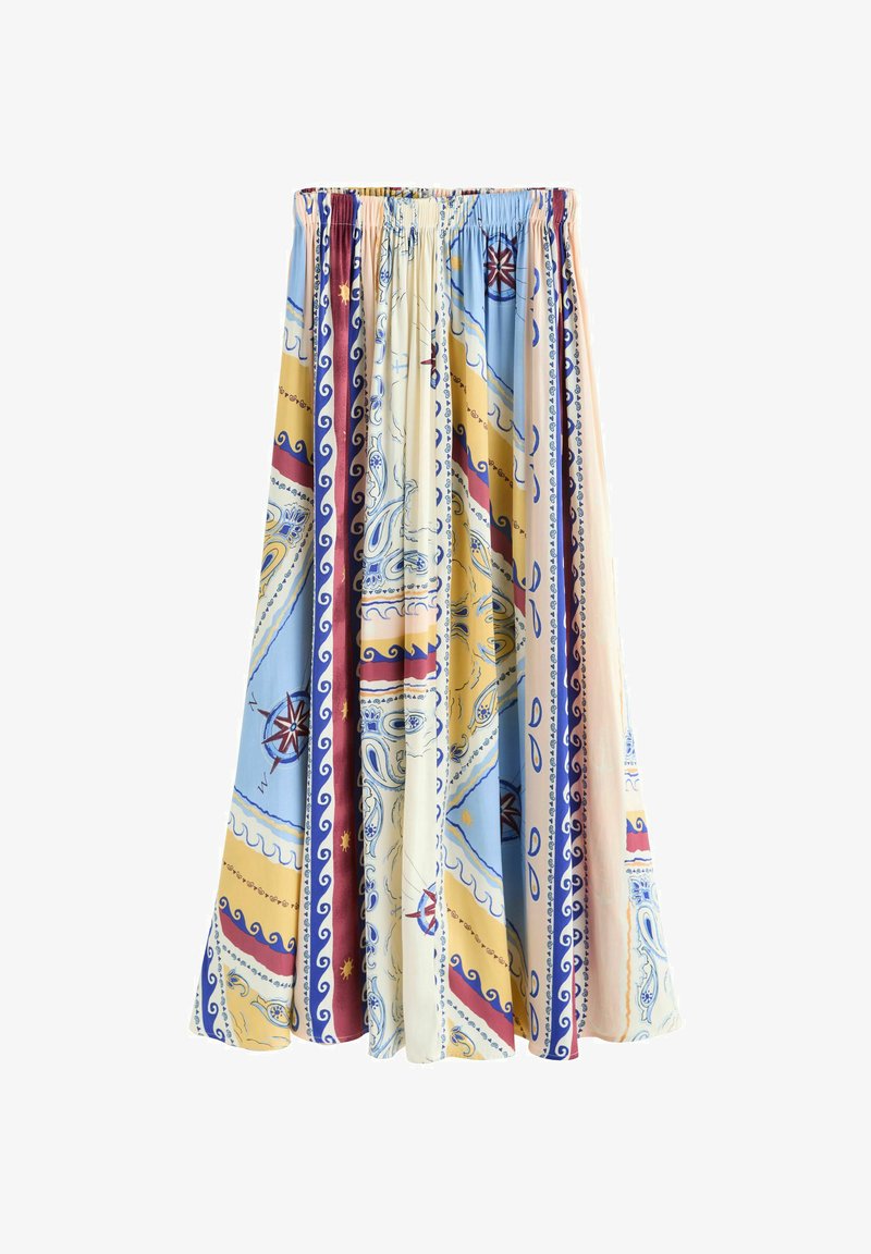Maxi sukňa s elastickým pásom, zdobená viacfarebnými geometrickými, kompasovými a paisley vzormi v modrých, žltých, červených a krémových tónoch.