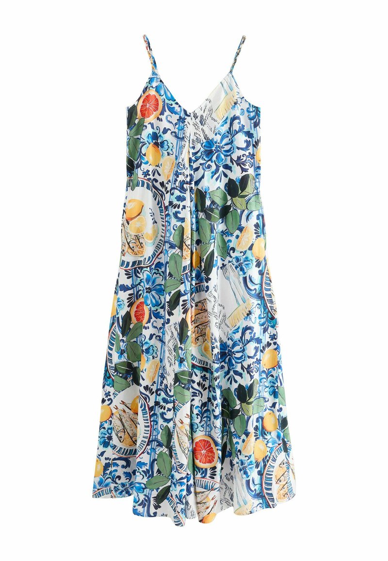 Blomstermønstret kjole i blå, hvid og grøn, med gule citroner og appelsiner, samt tynde justerbare stropper og en afslappet pasform.