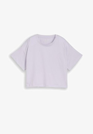 T-shirt court lilas à manches courtes et col rond, présenté à plat sur fond blanc.
