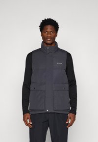 Dunkelgraue Pufferweste mit hohem Kragen, Druckknöpfen und frontalen Taschen. Über einem schwarzen Langarmshirt getragen. Glatte Textur, isoliertes Design.