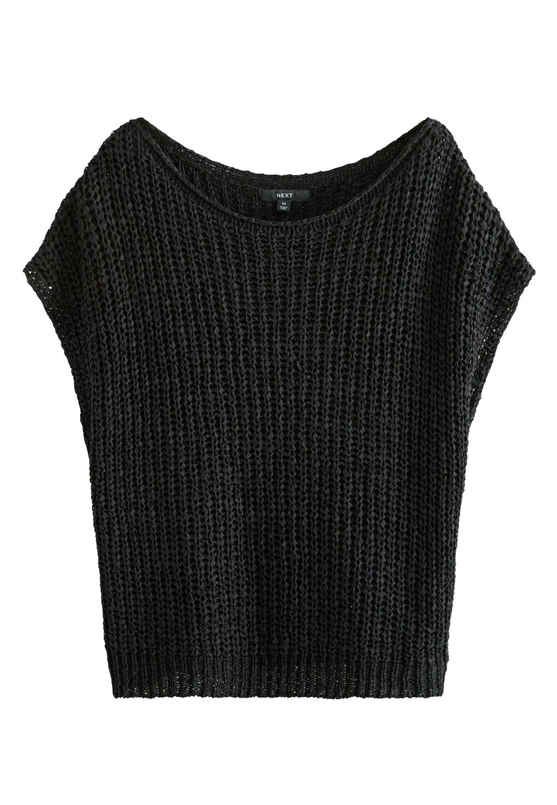 Zwart gebreid t-shirt met korte mouwen, voorzien van een brede hals en een losse pasvorm. De textuur is opengeweven met een ribbelrand aan de onderkant.