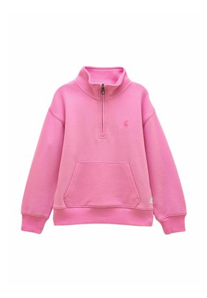 Pink fleece pullover with quarter zip, stand-up collar, front kangaroo pocket, ribbed cuffs, and small embroidered logo on left chest.