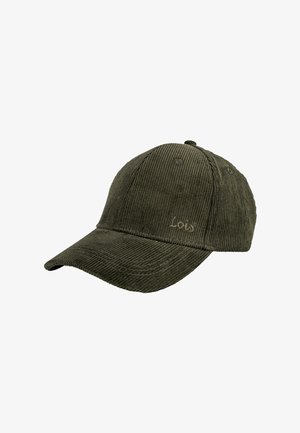 Gorra de pana color verde oliva con visera curva y logo bordado en el frente, presenta una textura acanalada vertical.