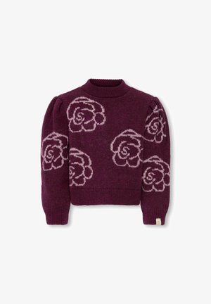 Paarse gebreide trui met een bloemenmotief in lichtroze, ronde halslijn, opgeblazen mouwen, ribbel manchetten en zoom. Zachte textuur, cropped fit.