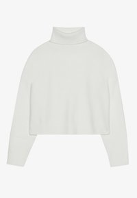 Weißer, verkürzter Rollkragenpullover aus weichem Strickmaterial. Mit gerippten Bündchen und Saum sowie einer glatten Struktur.