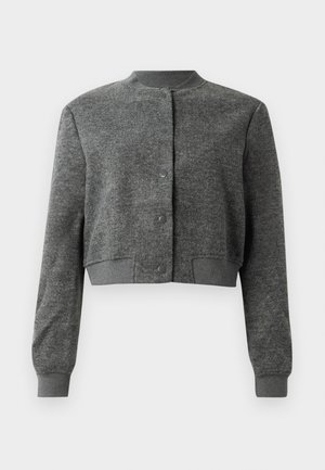 Grau gekürzte Jacke aus strukturiertem Stoff, mit Rundhalsausschnitt, vorderen Druckknöpfen und gerippten Manschetten.