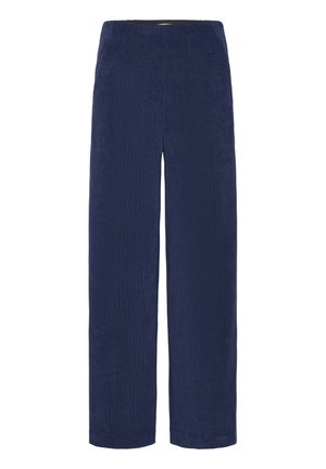 Marineblauwe corduroy wijde broek met verticale ribbeltextuur, elastische tailleband en een ontspannen pasvorm.